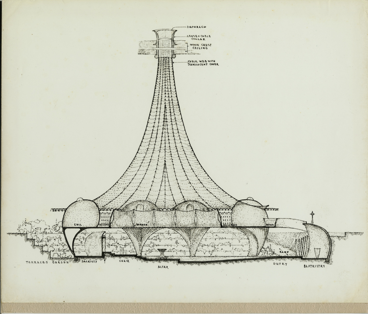 Architecturtal plans, side view of ‘Doman Moon Chapel’ (photo courtesy of Mark Mills Papers, Special Collections and Archives, California Polytechnic University)