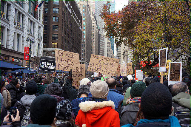 Protesters in New York on November 28, four days after a grand jury chose not to indict a police officer over the fatal shooting of Michael Brown in Ferguson, Missouri. (Creative Commons/Flickr/The All-Nite Images)