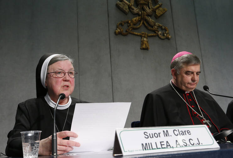 Mother Mary Clare Millea speaks at Vatican press conference for release of final report of Vatican-ordered investigation of U.S. communities of women religious.