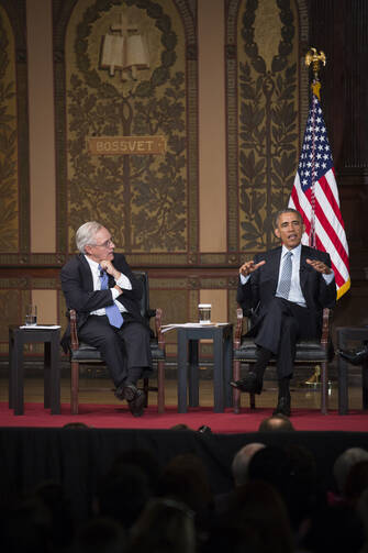 U.S. President Barack Obama discusses ways the nation can address poverty May 12 during the Catholic-Evangelical Leadership Summit on Overcoming Poverty at Georgetown University in Washington. (CNS photo/Tyler Orsburn)