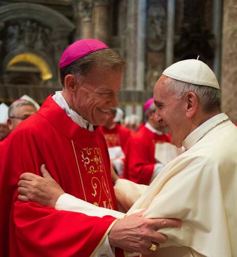 Pope Francis greets Archbishop Wester after Mass marking feast of Sts. Peter and Paul at Vatican.