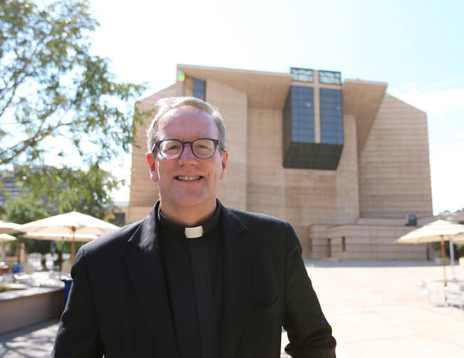 Bishop Robert Barron is pictured in front of the Cathedral of Our Lady of the Angels in Los Angeles July 20, 2015. (CNS photo/J.D. Long-Garcia, The Tidings)