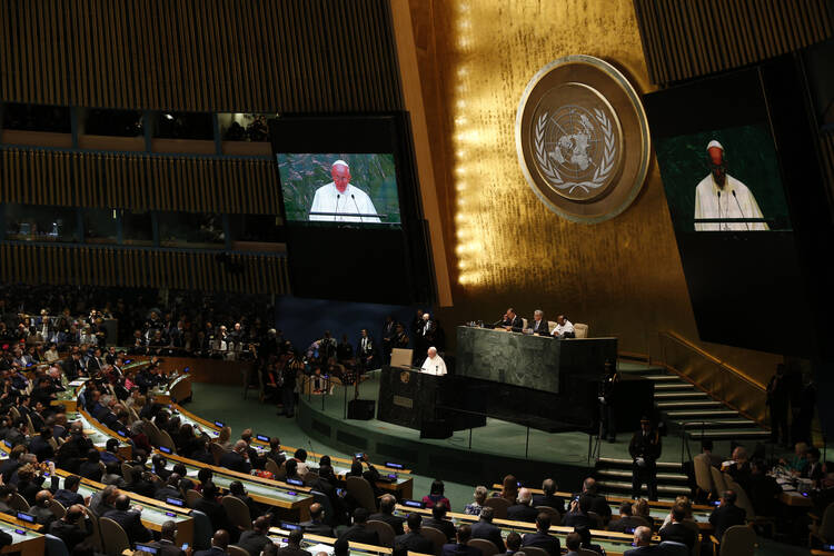 Pope Francis addresses the General Assembly of the United Nations in New York Sept. 25. (CNS photo/Paul Haring)
