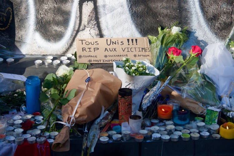 A memorial is seen at the Place de la Republique in Paris on November 15. (CNS photo/Lucie Brousseau)