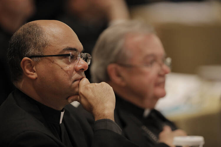 Bishop Shelton J. Fabre of Houma-Thibodaux, La., listens to a speaker Nov. 16 during the opening of the 2015 fall general assembly of the U.S. Conference of Catholic Bishops in Baltimore. (CNS photo/Bob Roller)