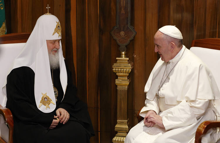 Russian Orthodox Patriarch Kirill of Moscow and Pope Francis meet at Jose Marti International Airport in Havana Feb. 12. The pope was traveling to Mexico for a six-day pastoral visit. (CNS photo/Paul Haring)