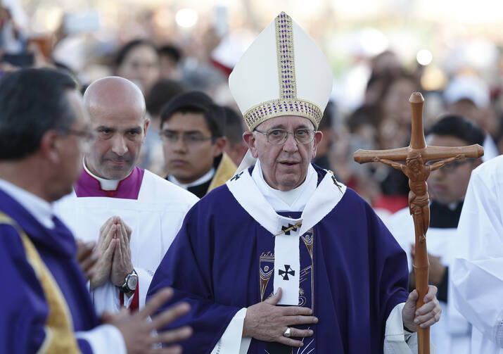 Pope Francis arrives in procession to celebrate Mass at the fairgrounds in Ciudad Juarez, Mexico, Feb. 17. (CNS photo/Paul Haring) 