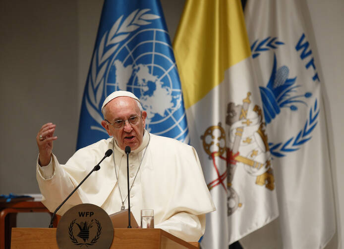 Pope Francis speaks as he visits the headquarters of the World Food Programme in Rome June 13. (CNS photo/Paul Haring)