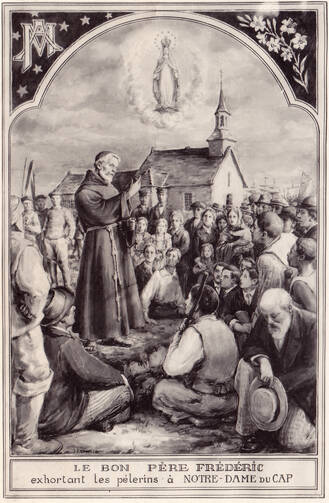 Blessed Frederic Janssoone is depicted addressing a crowd outside Our Lady of the Cape Shrine in Trois-Rivieres, Quebec, in undated artwork by J. Lacoste. (CNS artwork/Presence) 
