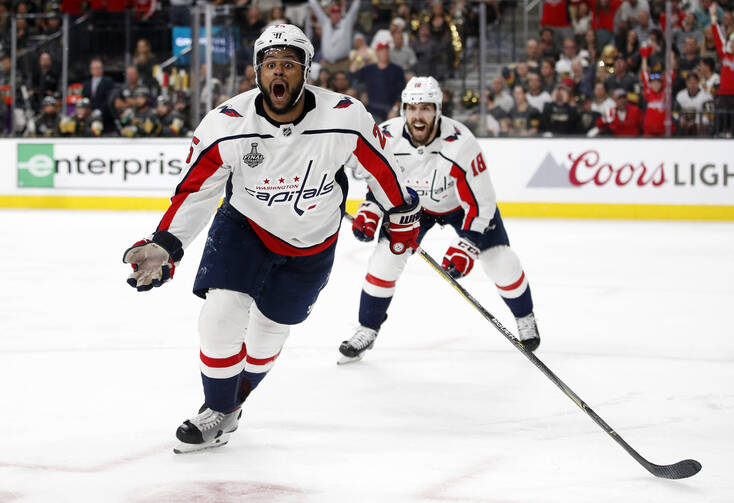 Washington Capitals right wing Devante Smith-Pelly, left, celebrates his goal during Game 5 of the NHL hockey Stanley Cup Finals against the Vegas Golden Knights, June 7. (AP Photo/John Locher)