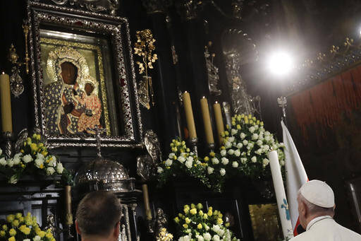 Pope Francis addressed more than 300,000 Poles in his homily at Mass at the famous shrine of the Black Madonna of Czestochowa, which he called “the spiritual capital of the country” (AP Photo/Gregorio Borgia, Pool).