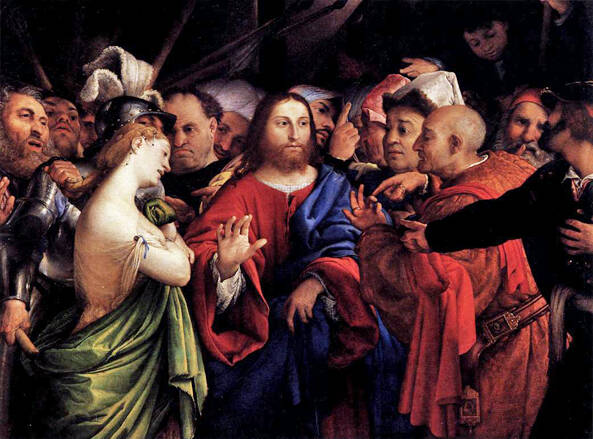 Jesus and the Woman Taken in Adultery by Lorenzo Lotto 1528