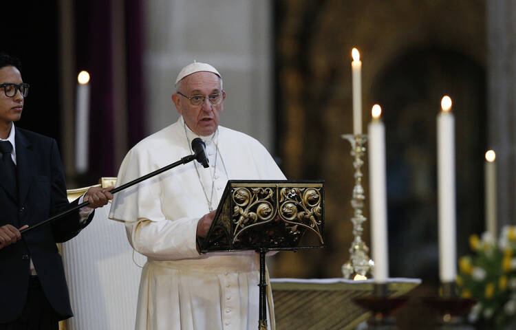 Pope Francis addresses Mexico's bishops in the cathedral in Mexico City, Feb. 13 (CNS photo/Paul Haring). 