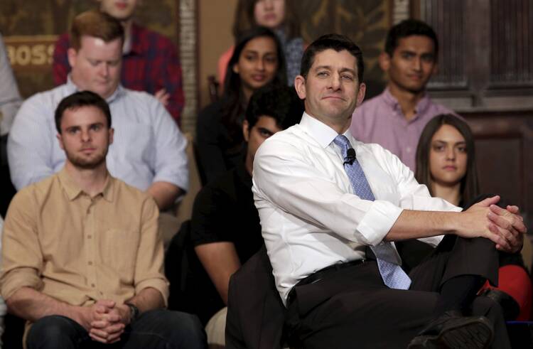 U.S. House Speaker Paul Ryan, R-Wis., listens to a questions as he speaks at a town hall meeting with millennials April 27 at Georgetown University's Institute of Politics and Public Service in Washington (CNS photo/Yuri Gripas, Reuters).