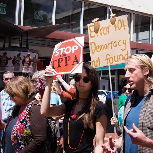 Rally against the Trans-Pacific Partnership in Wellington, New Zealand in November 2014. (Photo courtesy wiki-commons and Neil Ballantyne)