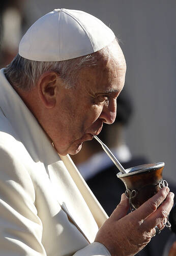 Pope Francis drinks mate, the traditional Argentine herbal tea, presented by a Legionaries of Christ seminarian, as he arrives to lead his general audience in St. Peter's Square at the Vatican on Dec. 17. (CNS photo/Paul Haring) 