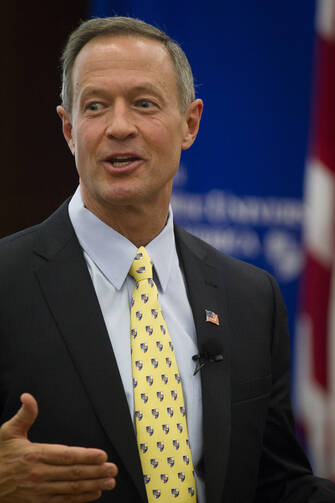 Maryland Gov. Martin O'Malley addresses students at The Catholic University of America in Washington in a talk about economic equity Nov. 13. His policy speech was titled "An Economy With a Human Purpose." (CNS photo/Tyler Orsburn) 