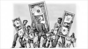 a black and white cartoon image with men and money about inequality