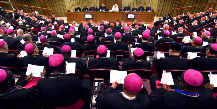 Pope Francis leads the Synod of Bishops on the family at the Vatican Oct. 6 (CNS photo/Ettore Ferrari, EPA).