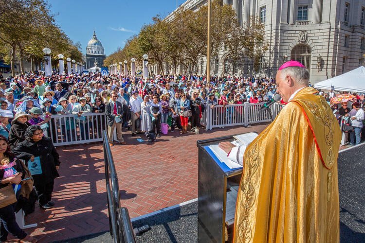 Archbishop Salvatore J. Cordileone of San Francisco speaks to crowd gathered for the fourth annual rosary rally, Oct. 11, 2014.
