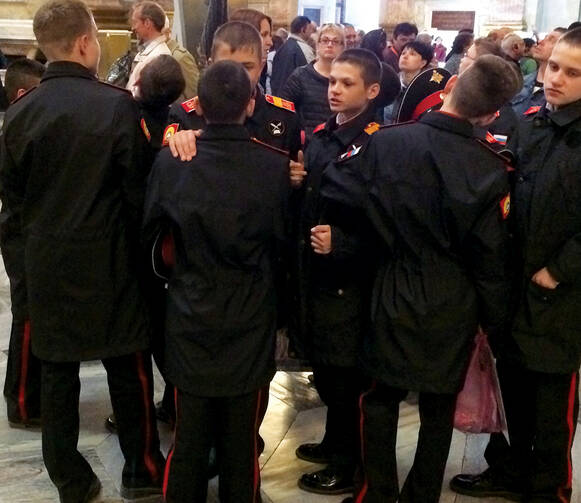 Russian cadets join the crowds in a museum. (photo courtesy of the author)