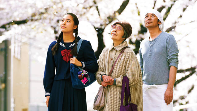 MAGIC BEANS. Kirin Kiki, center, as Tokue, and Masatoshi Nagase, right, as Sentaro in "Sweet Bean" 