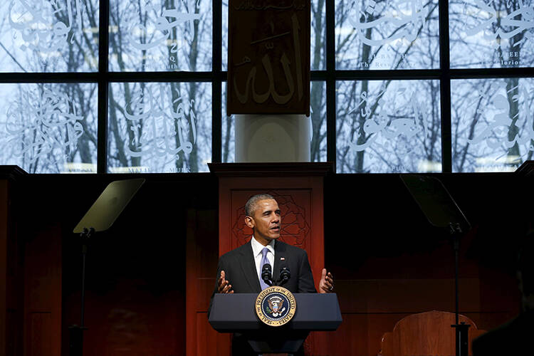 President Barack Obama delivers remarks at the Islamic Society of Baltimore mosque in Catonsville, Md., on Feb. 3, 2016. Photo courtesy of REUTERS/Jonathan Ernst