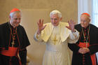 Pope Benedict XVI is flanked by Cardinal Donald W. Wuerl of Washington, left, and Cardinal Theodore E. McCarrick, retired archbishop of Washington, during a Jan. 19 meeting with U.S. bishops on their “ad limina” visits to the Vatican. In a speech to the bishops, the pope issued a strong warning about threats to freedom of religion and conscience in the U.S. (CNS photo/L’Osservatore Romano) (Jan. 19, 2012)