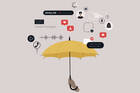 An umbrella positioned below an array of images representing technical distractions 