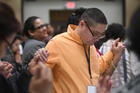 Pedro Narez from St. Gabirel Parish in Hopkins, Minn., in the Archdiocese of St. Paul and Minneapolis prays April 13 during the Region VIII encuentro at Arrowwood Resort and Conference Center in Alexandria, Minn. (CNS photo/Dianne Towalski, The Catholic Spirit)