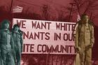 Front: Lucas, Mike, and Dustin from Season 2 of Stranger Things. Back: A sign erected by white tenants seeking to prevent blacks from moving into a housing project in Detroit, 1942. (Netflix, Wikipedia Commons)