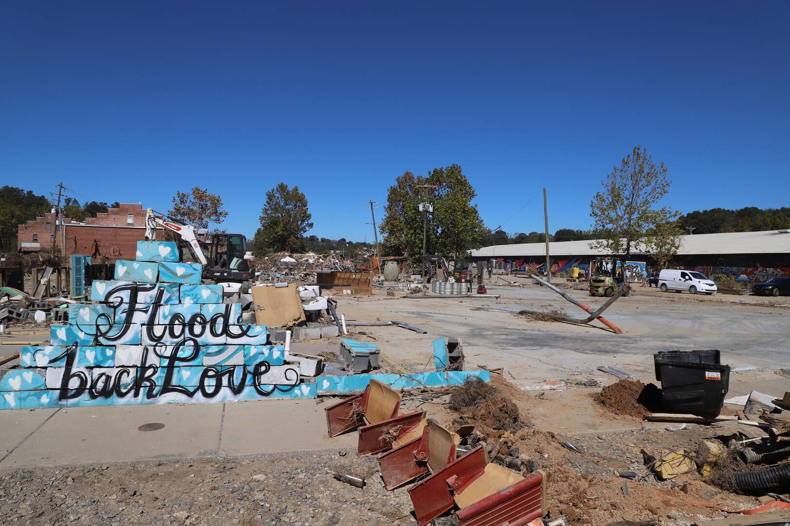 A sign of the times at the entrance to the devastated Foundy Street in the the River Arts district in Asheville