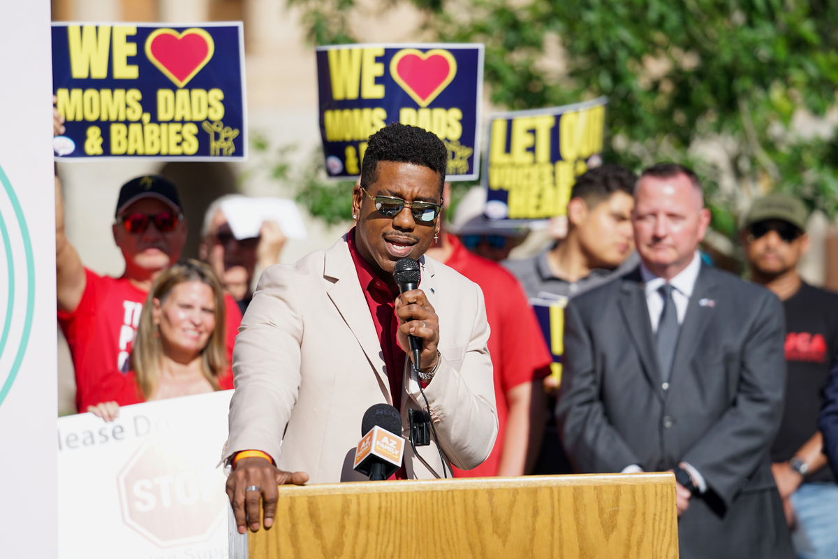 R.C. Maxwell, a pro-life advocate, speaks at a press conference April 25 at the Arizona State Capitol. Pro-life supporters hoped their presence would encourage state legislators to support a 1864 law only allowed abortion in cases where the mother’s life was in danger. The state government repealed the law in May. (J.D. Long García)