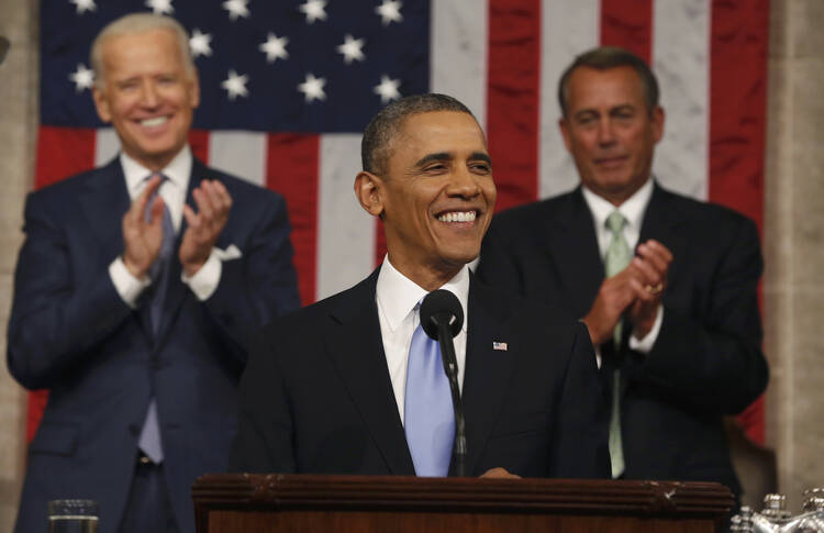 President Obama at last year's State of the Union address. He is not expected to announce an executive order against pettiness in tonight's speech. (CNS photo/Larry Downing, Reuters)