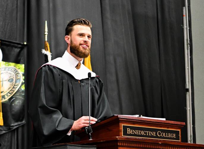 Harrison Butker, kicker for the Super Bowl LVIII champion Kansas City Chiefs, delivers the May 11, 2024, commencement address at Benedictine College in Atchison, Kan. (OSV News photo/Todd Nugent, courtesy Benedictine College)