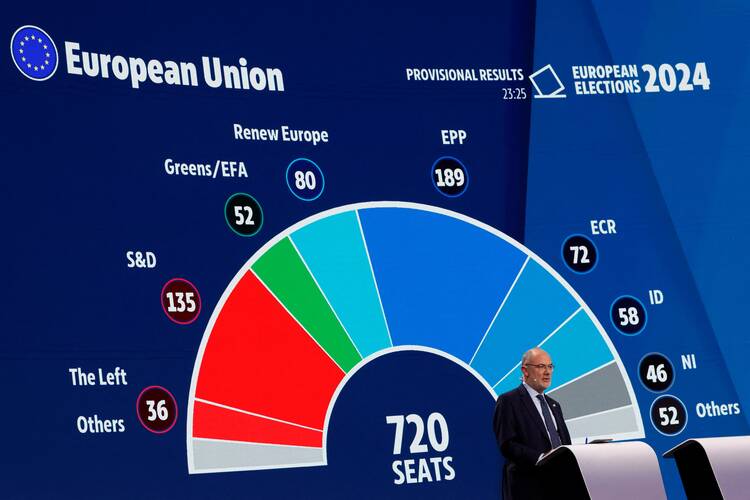 The first provisional results for the European Parliament elections are announced at the European Parliament building in Brussels June 9, 2024. (OSV News photo/Piroschka van de Wouw, Reuters)