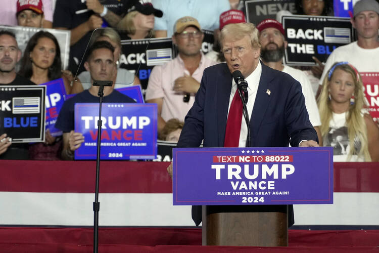 Former President Donald Trump speaks at a campaign rally in Charlotte, N.C., on July 24, 2024. (AP Photo/Matt Kelley)