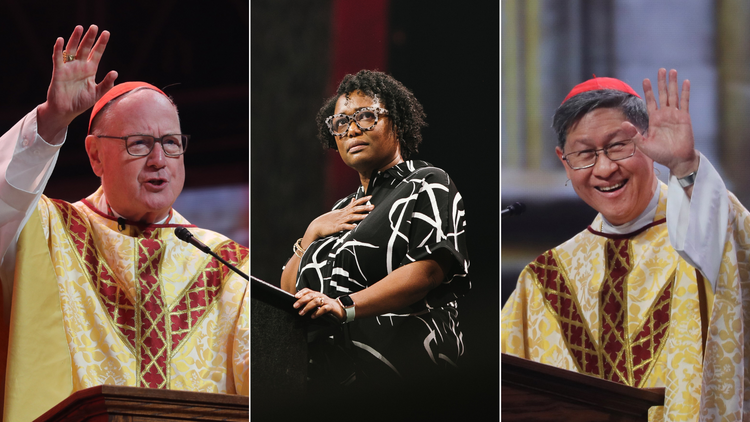 l-r: Cardinal Timothy Dolan, Gloria Purvis and Cardinal Luis Antonio Tagle at the National Eucharistic Congress