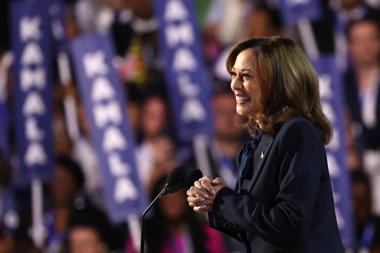 Democratic presidential nominee and U.S. Vice President Kamala Harris takes the stage during the Democratic National Convention at the United Center in Chicago on Aug. 22, 2024. (OSV News photo/Brendan Mcdermid Reuters)