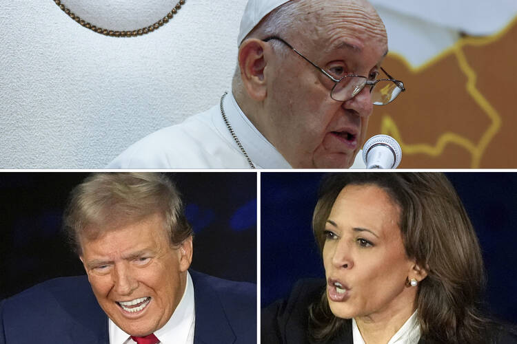 Composite image featuring three public figures. Top: Pope Francis speaking into a microphone at a meeting with government officials and civil leaders at the presidential palace in Dili, Timor-Leste, on September 9, 2024. Bottom left: Former President Donald Trump, the Republican presidential nominee, speaking during an ABC News presidential debate. Bottom right: Vice President Kamala Harris, the Democratic presidential nominee, speaking during the same debate 