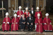 Archbishop Viganò seated next to then-Cardinal McCarrick, front row on left, along with other U.S. cardinals, Glory and Thomas Sullivan and John Garvey, at a fundraiser on May 10, 2013. (CNS photo/Edmund Pfueller, Catholic University of America)