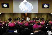 Pope Francis presides at a session of the Synod of Bishops on the family at the Vatican Oct. 15. (CNS photo/Paul Haring)