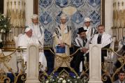 Pope Francis visits the main synagogue in Rome Jan. 17. Also seated is Rabbi Riccardo Di Segni, the chief rabbi of Rome, right. (CNS photo/Paul Haring) 