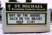 The marquee in front of St. Michael Byzantine Catholic Church in Flushing, Mich., reminds passers-by of the needs of the people of Flint, Mich. (CNS photo/courtesy St. Michael Byzantine Catholic Parish)