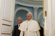 Pope Francis and Armenian President Serzh Sargsyan arrive for a courtesy visit in the presidential palace in Yerevan, Armenia, June 24. (CNS photo/Paul Haring)