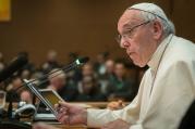 Pope Francis speaks at the Jesuits' 36th general congregation in Rome Oct. 24. Pope Francis, a Jesuit, met his Jesuit brothers after the election of a new superior but did not participate in the election. (CNS photo/Don Doll, S.J.) 