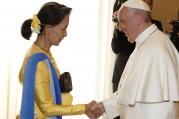 Pope Francis greets Aung San Suu Kyi, leader of Myanmar, during a private audience at the Vatican May 4. (CNS photo/Paul Haring)