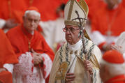 Pope Francis walks past cardinals as he leaves a consistory in St. Peter's Basilica at the Vatican June 28, 2017. (CNS photo/Paul Haring)