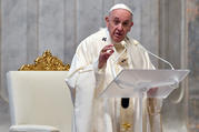 Pope Francis delivers the homily as he celebrates the Mass of Lord's Supper April 9, 2020, in St. Peter's Basilica at the Vatican. (CNS photo/Vatican Media via Reuters)