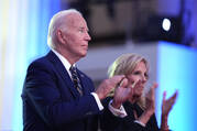 President Joe Biden and first lady Jill Biden appear on stage before Mr. Biden delivers remarks on the 75th anniversary of NATO at the Andrew W. Mellon Auditorium on July 9, 2024, in Washington, D.C. (AP Photo/Evan Vucci)